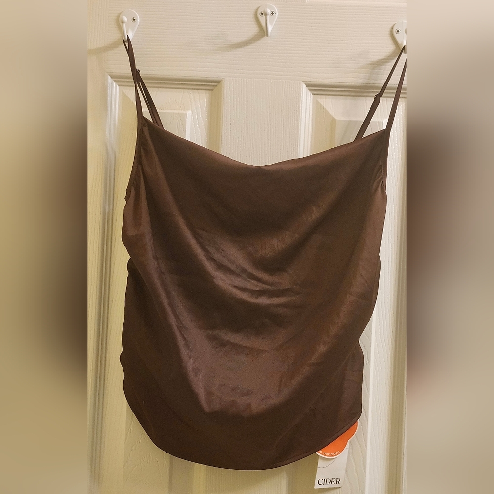 NWT Cider Brown Satin Cowl Neck Cami Top Smocked Back XL